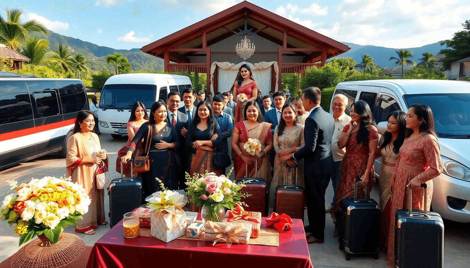 Guests arriving happily at a decorated outdoor wedding venue with luggage, shuttle vehicles, floral arrangements, and welcome gifts, creating a war… Guests arriving happily at a decorated outdoor wedding venue with luggage, shuttle vehicles, floral arrangements, and welcome gifts, creating a war...