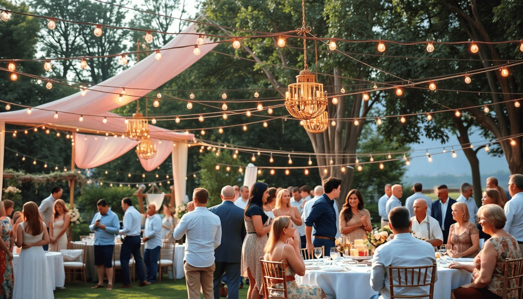 Outdoor multi-day wedding celebration with decorated reception, string lights, floral arrangements, and guests enjoying welcome party, rehearsal di… Outdoor multi-day wedding celebration with decorated reception, string lights, floral arrangements, and guests enjoying welcome party, rehearsal di...
