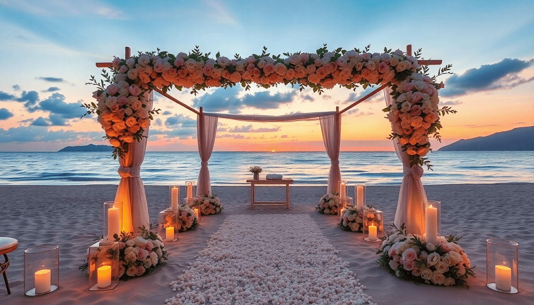 Romantic outdoor beach wedding at sunset with elegant floral decorations, a decorated aisle, and warm soft lighting creating a joyful atmosphere.