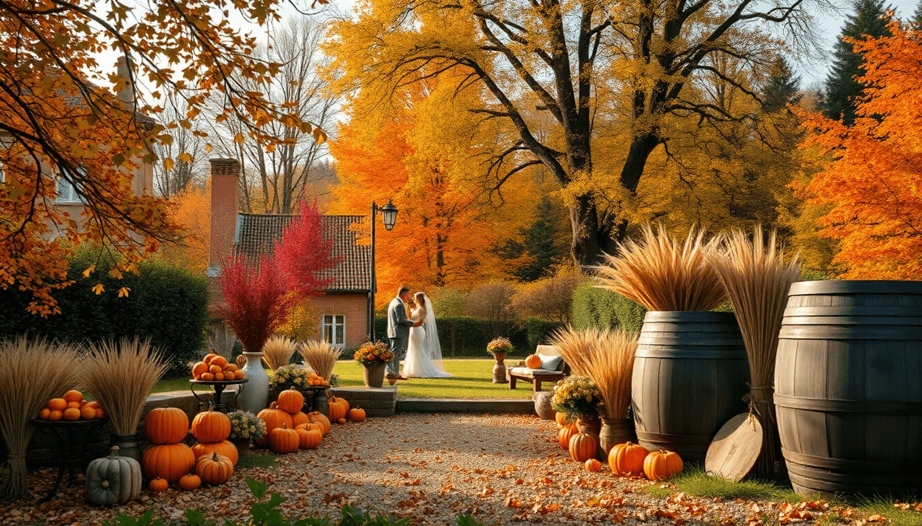 Romantic outdoor wedding in French countryside with vibrant autumn foliage, pumpkins, wheat sheaves, wooden barrels, and soft natural light.