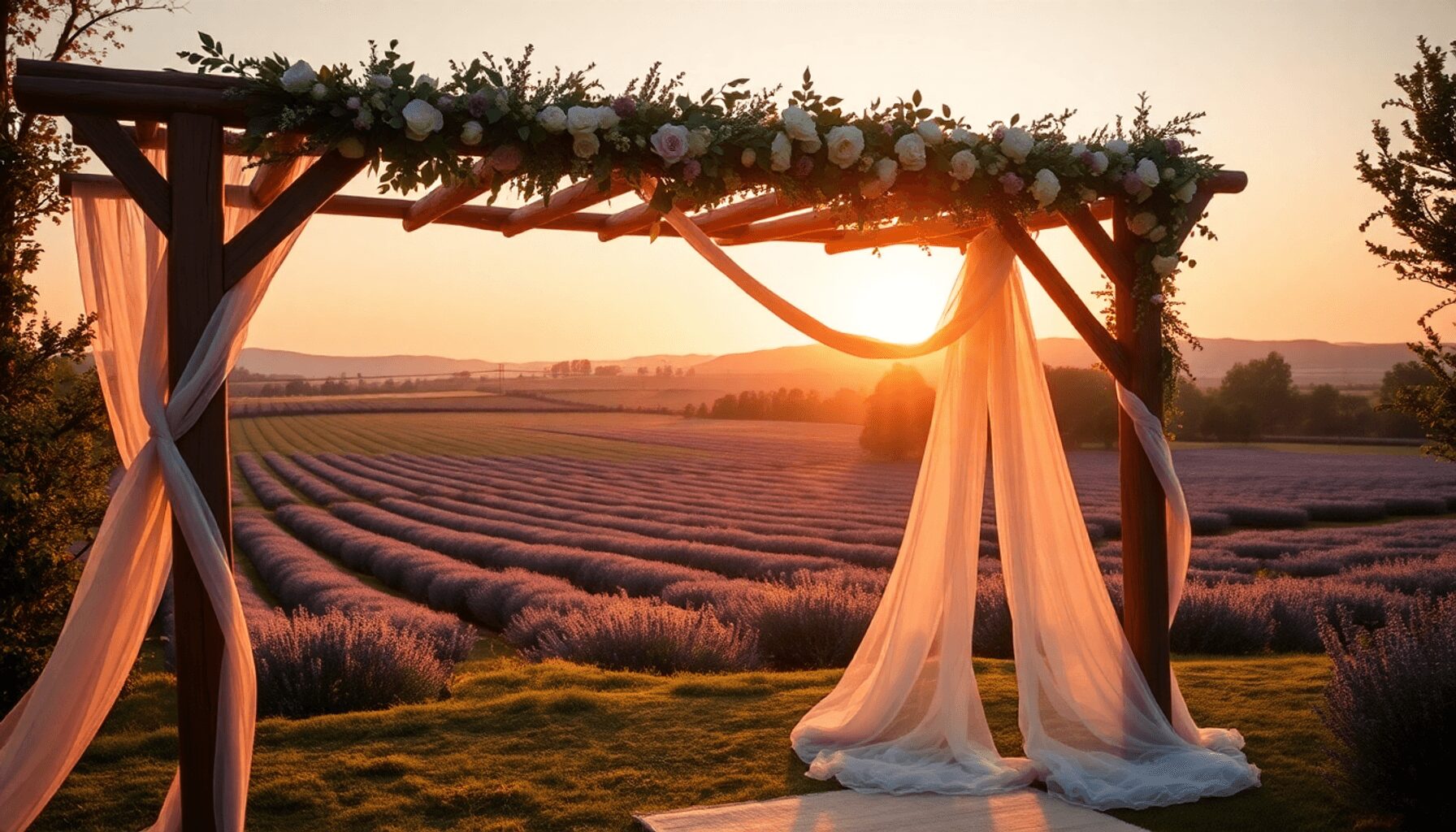 Romantic outdoor wedding with a rustic wooden arch, flowing fabric, flowers, overlooking a vineyard at sunset in the French countryside.