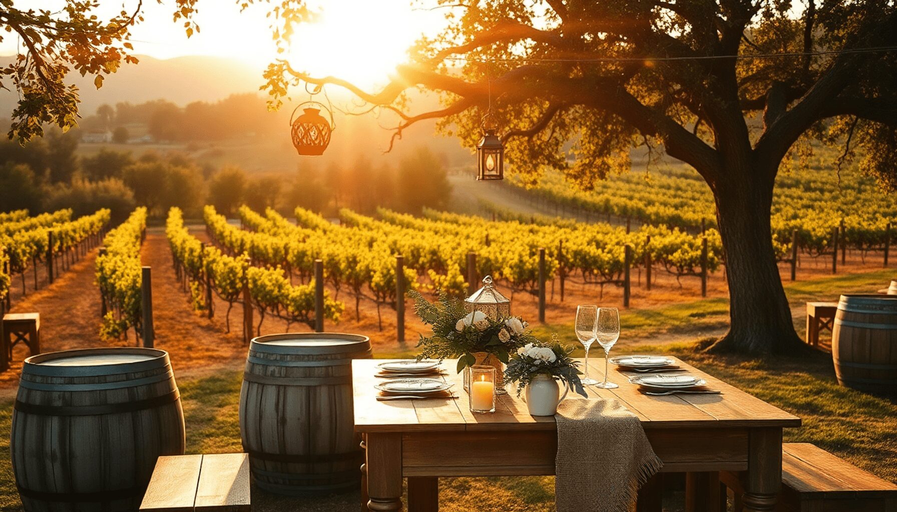 Sunlit vineyard at golden hour with wooden wine barrels, glowing lanterns, burlap and greenery on vintage tables, and warm earth tone wedding decor…