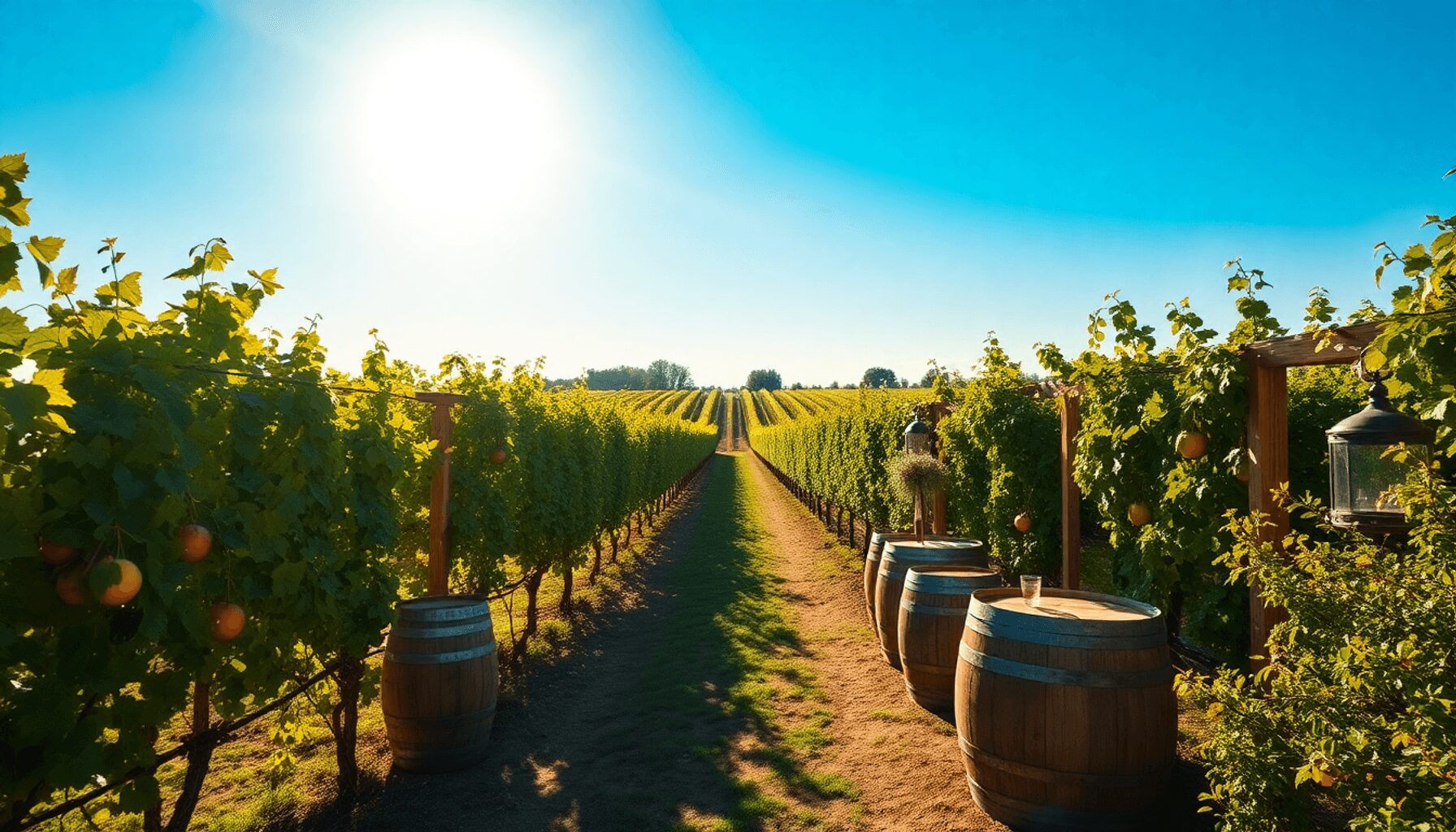 Sunlit vineyard with rows of grapevines, seasonal flowers and fruits, wooden barrels, and elegant seating under a clear blue sky.