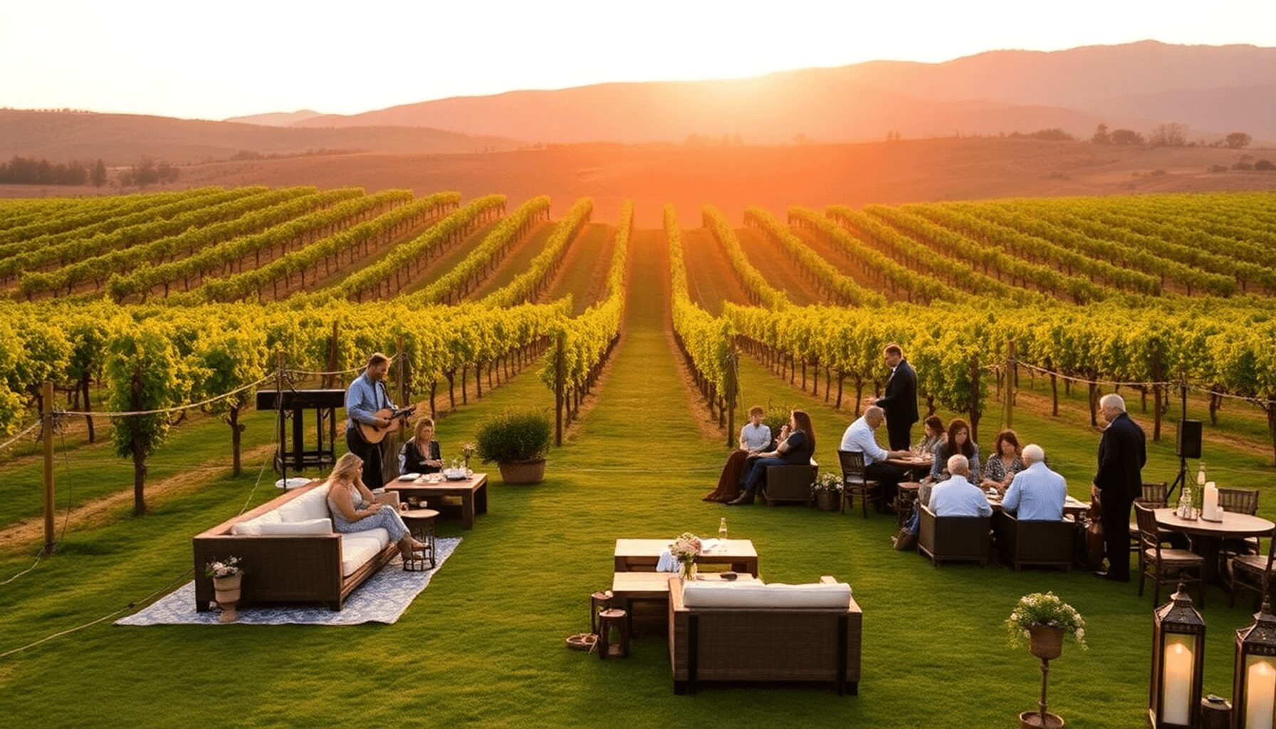 Sunset vineyard with grapevines, warm lighting, outdoor lounge, guests playing lawn games, live acoustic music, and rustic wedding decor.