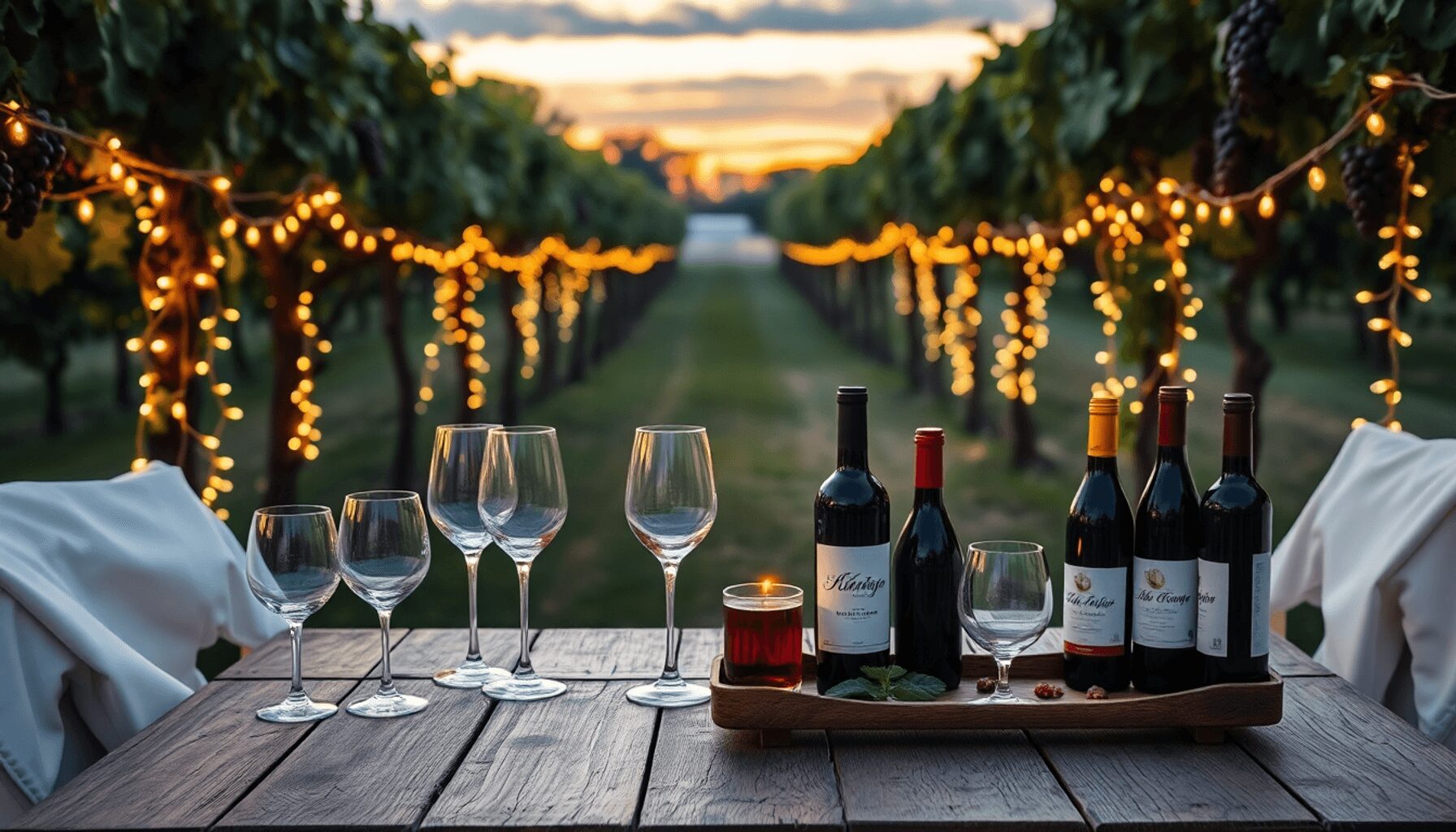 Sunset vineyard with rustic wooden table, elegant wine glasses and bottles, surrounded by grapevines and fairy lights for a romantic wine tasting.