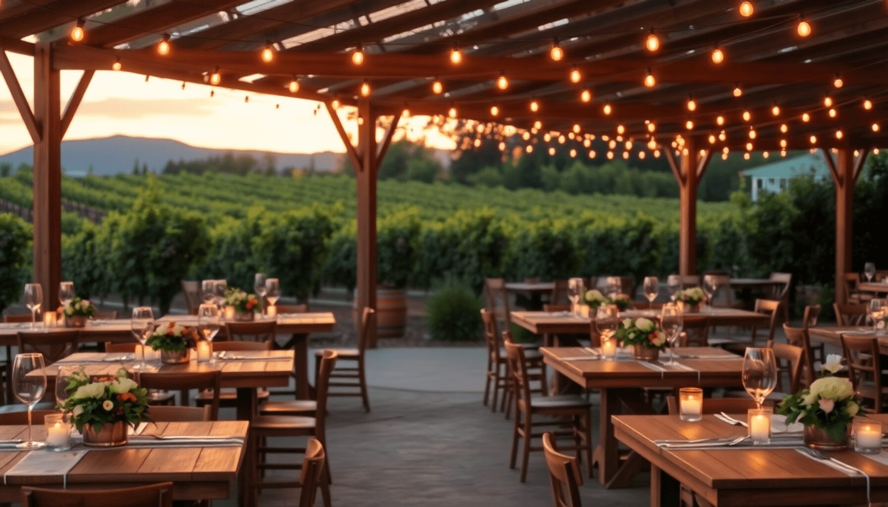 Sunset winery wedding reception with decorated wooden tables, rustic floral centerpieces, string lights, and rows of grapevines in the background.