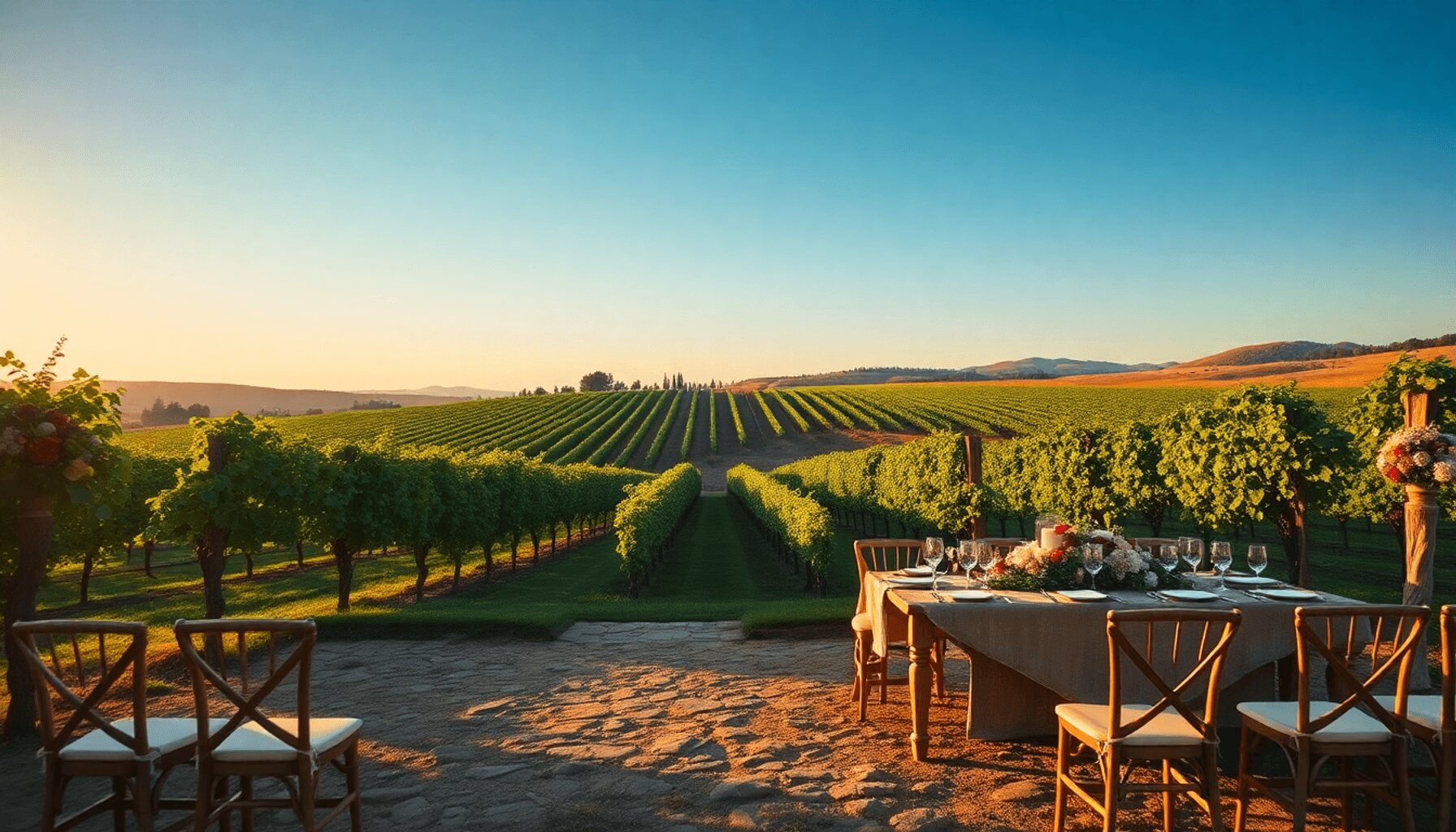 Vineyard at golden hour with rows of grapevines, rustic wooden chairs, floral decorations, warm lighting, rolling hills, and clear blue skies in a …